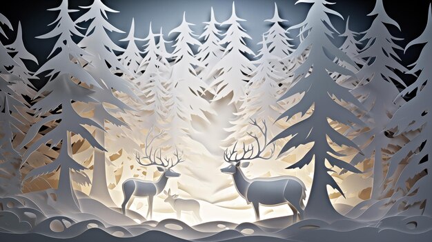 snow winter a christmas tree Santa Claus reindeer in white paper cut art generative ai