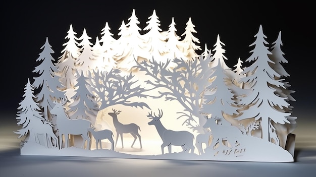 snow winter a christmas tree Santa Claus reindeer in white paper cut art generative ai