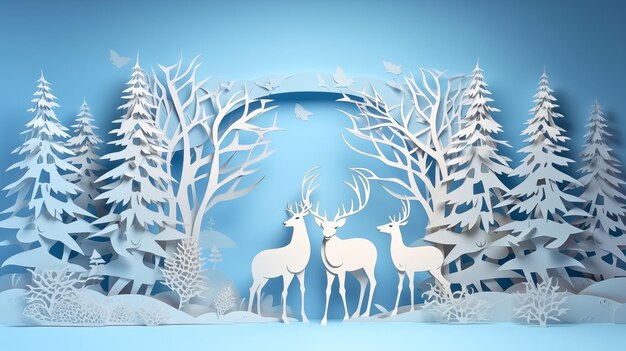 snow winter a christmas tree Santa Claus reindeer in white paper cut art generative ai