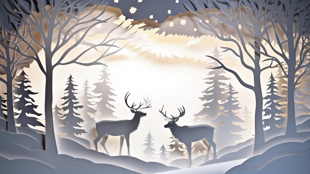 snow winter a christmas tree Santa Claus reindeer in white paper cut art generative ai