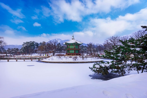 Snow during winter of gyeongbokgung palace south korea