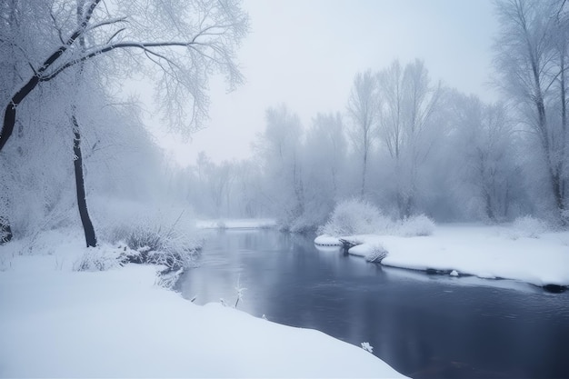 Snow winter river landscape Generate Ai