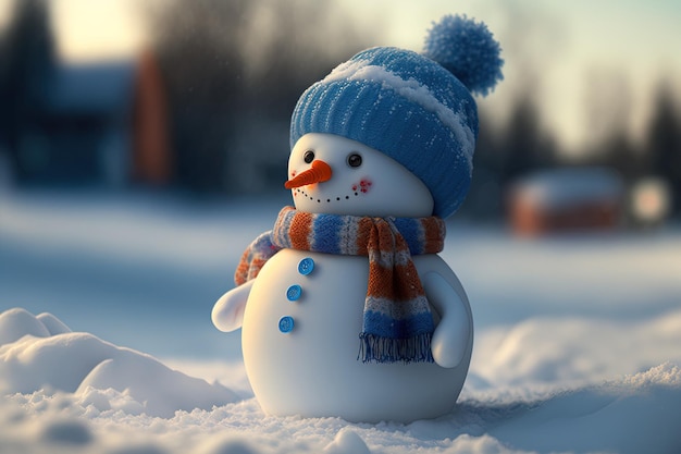 On the snow in the winter a sweet toy snowman wearing a blue cap