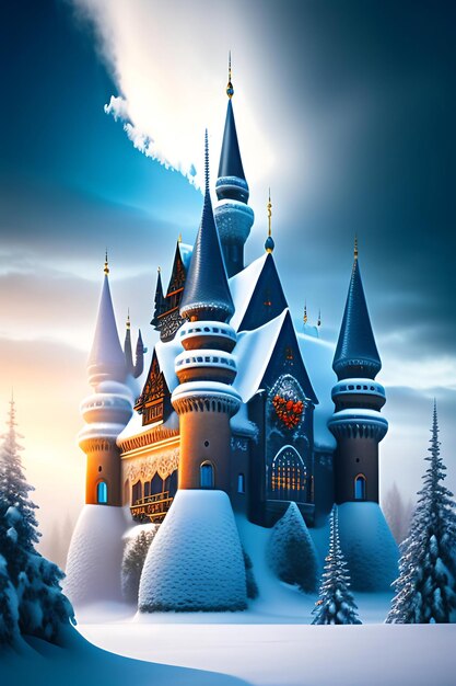 Snow winter wonderland castle with clouds in the sky icy landscape with enchanted palace