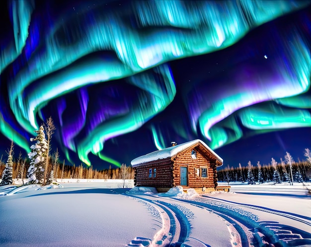 snow with snowy houses in winter forest with northern lights