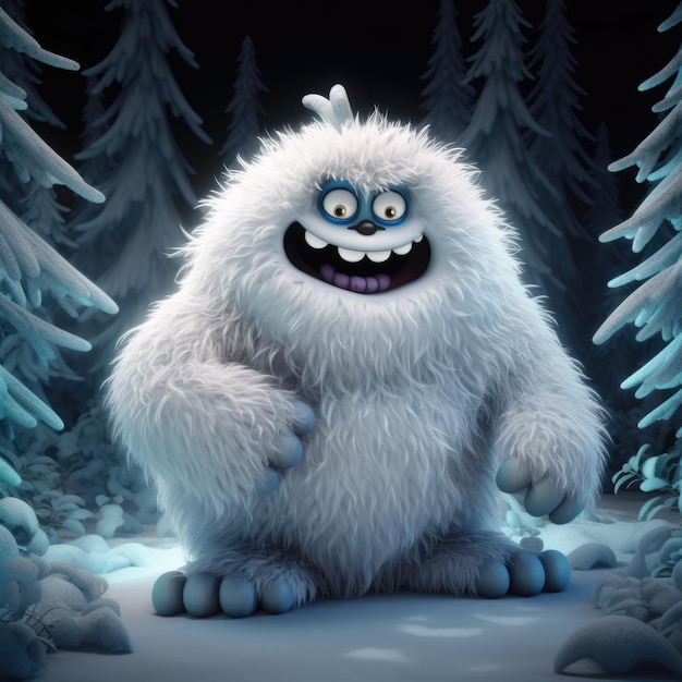 Snow yeti and trees covered in snow created using generative ai technology