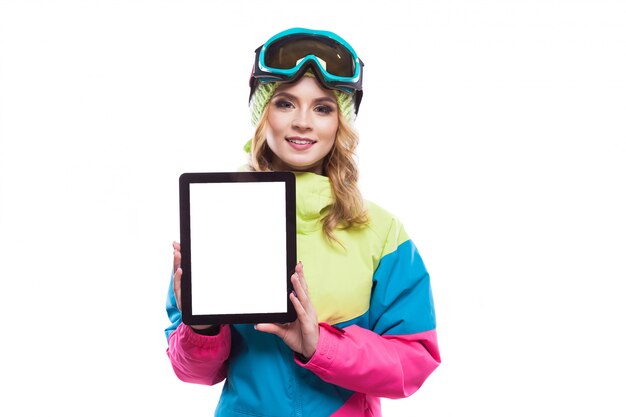 Snowboard girl with empty tablet