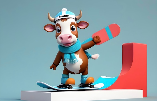 a snowboard with a cow on it and a snowboard on the top