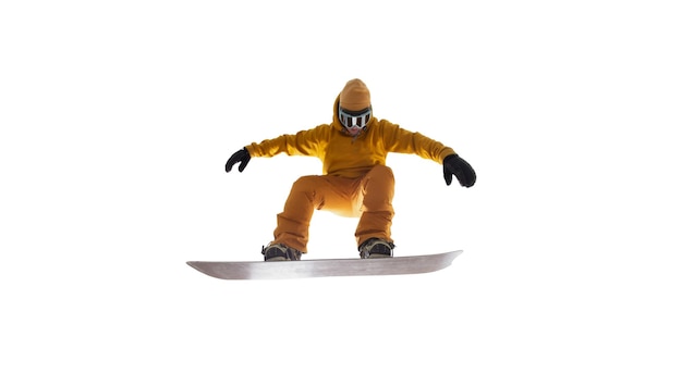 Сноубордист в действии изолирован на белом