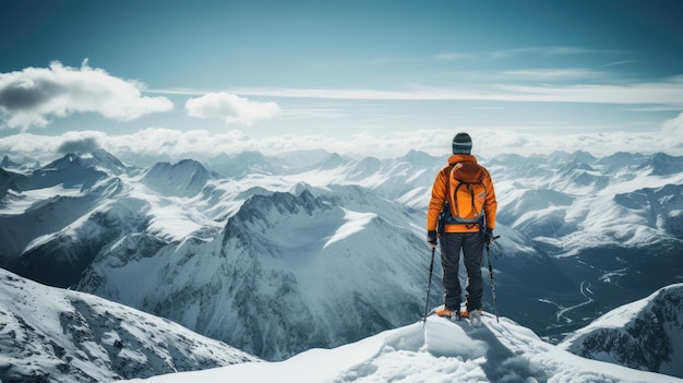 Snowboarder atop mountain ridge ready to carve down slope