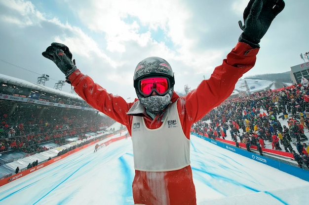 Photo snowboarder celebrates winning a snowboard race facing the camera in a stadium