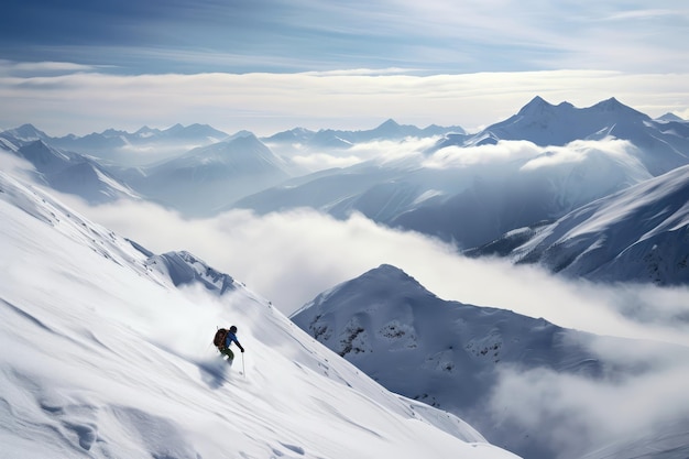 Сноубордист спускается по заснеженному склону перед горой, окутанной облаками и окруженной снежными вершинами