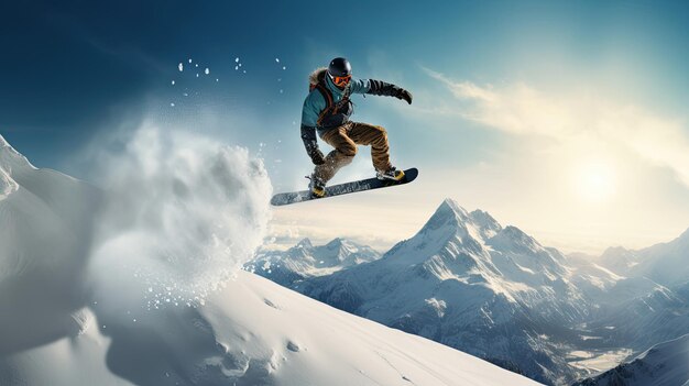 Snowboarder die een stijlvolle greep uitvoert van een sprong met een besneeuwd landschap