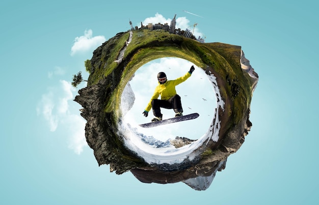 Snowboarder en Alpen landschap. Gemengde media