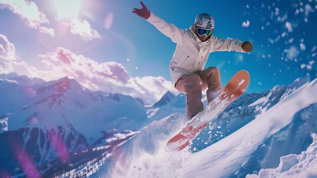 Photo snowboarder executing an impressive jump against a mountain and blue sky backdrop
