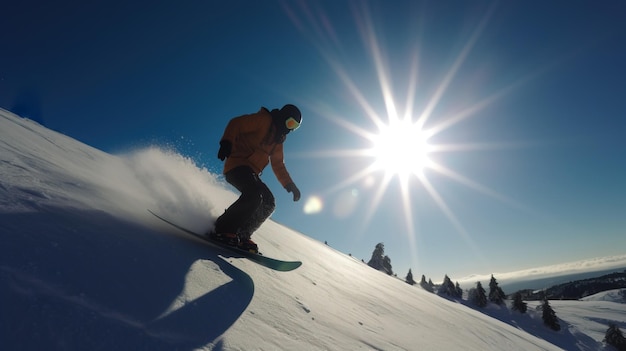 Snowboarder in an extreme jump descends from ski mountain Active recreation winter sports AI