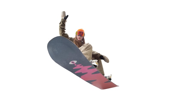 Snowboarder girl in action isolated on white