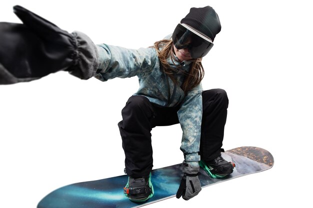 Snowboarder girl in action isolated on white