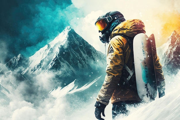 Сноубордист скользит по рыхлому склону в окружении высоких гор и ярко-голубого неба Сгенерировано ИИ