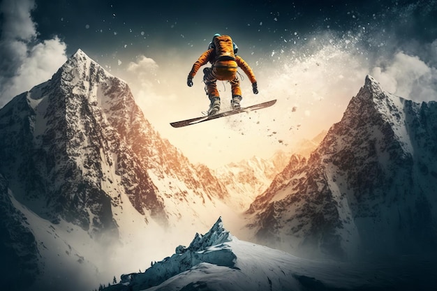 Photo snowboarder in helmet jumping high in the air generative ai