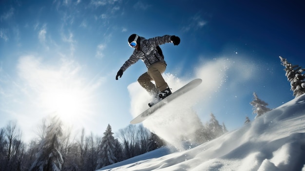 Snowboarder in een extreme sprong daalt af van ski berg Actieve recreatie wintersport AI