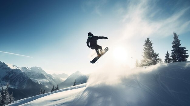 Snowboarder in een extreme sprong daalt af van ski berg Actieve recreatie wintersport AI