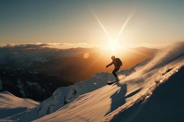 Snowboarder in een sprong op een hoge berg Freerider