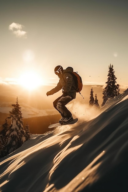 Snowboarder in een sprong op een hoge berg freerider