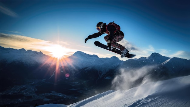 Foto snowboarder in vlucht met bergen en zon op de achtergrond met helm en bril