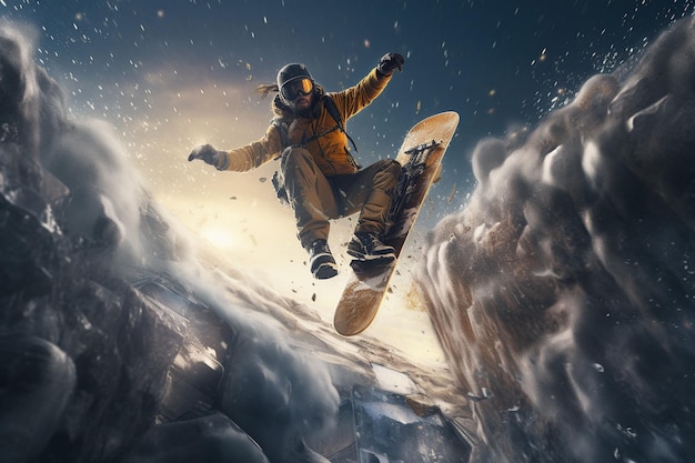 Foto uno snowboarder è in aria nello stile di generative ai