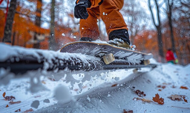 Photo a snowboarder is going down a snowy hill with a snowboard