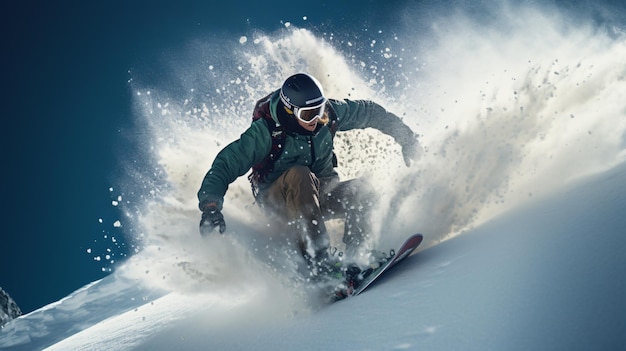 Snowboarder jumping in the air in fresh snow