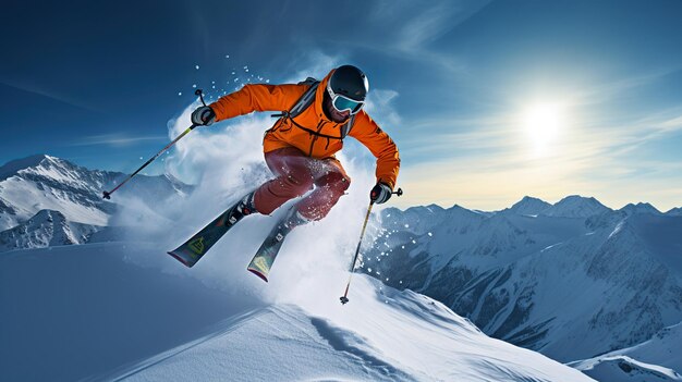 Foto snowboarder che salta in aria generativo ai