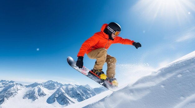 Snowboarder jumping in the air snowboarder jumping in the mountains closeup of snowboarder