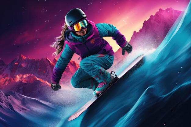 オーロラを背景に山でジャンプするスノーボーダー、スノーボードに乗って、AI が生成した強力な筋肉と流れるような動きを披露する自信に満ちた女性
