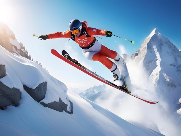 Photo snowboarder jumping through blue sky generated by ai