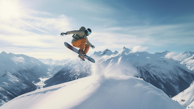 a snowboarder jumps off a snowy mountain with a mountain in the background.