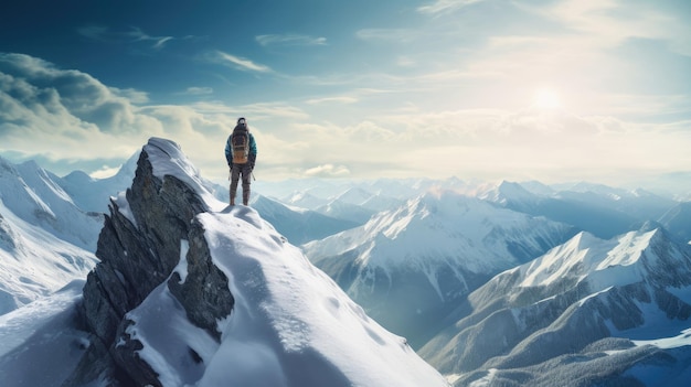 Сноубордист, сидящий на вершине резкой вершины, готовый спуститься по скалистому склону