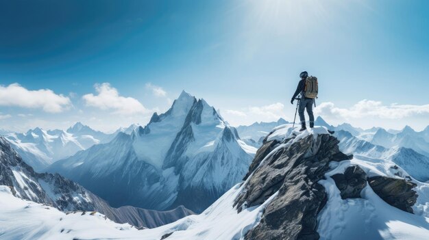 Snowboarder perched atop a jagged peak ready to descend down a rocky slope