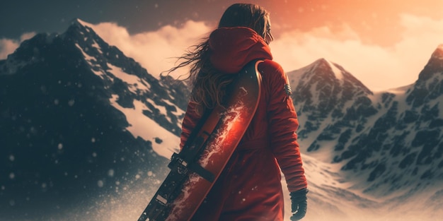A snowboarder in a red coat stands in the snow looking at the mountains.