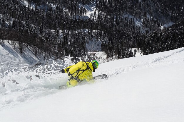 Snowboarder rijden poeder op bos achtergrond. Extreme wintersport