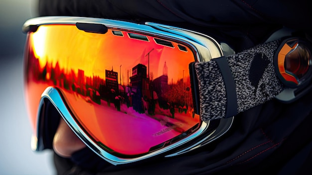 Snowboarder's goggles snowy landscape vibrant colors