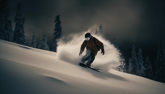 Snowboarder speeds down mountain in winter wonderland generated by AI