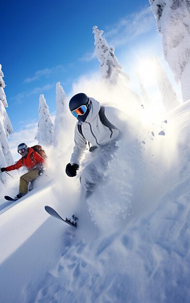 Snowboarder springt in de sneeuwbergen op de helling met zijn ski en professionele uitrusting