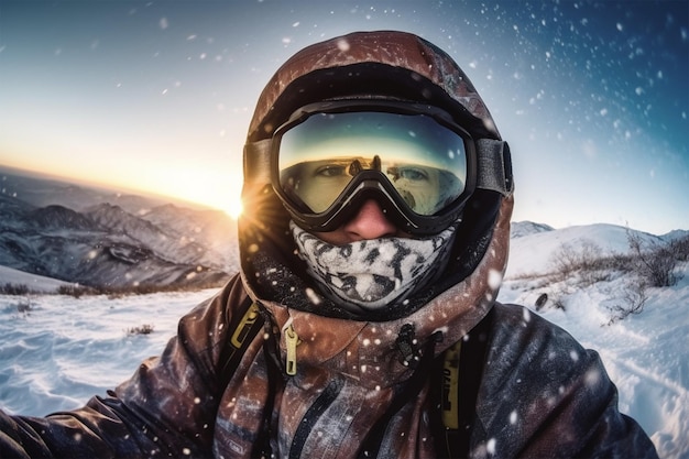 A snowboarder taking a selfie photo at sunset