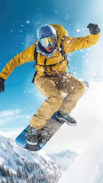 snowboarder wearing blue goggles and a yellow jacket midjump