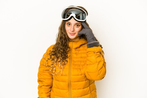 snowboarder woman pointing temple with finger