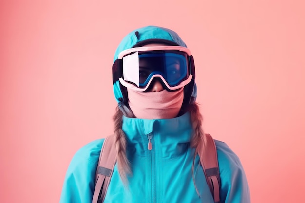 Snowboarder woman wear blue suit goggles mask hat ski padded jacket do selfie shot on mobile cell phone isolated on plain pastel pink background winter extreme sport hobby weekend trip relax concept