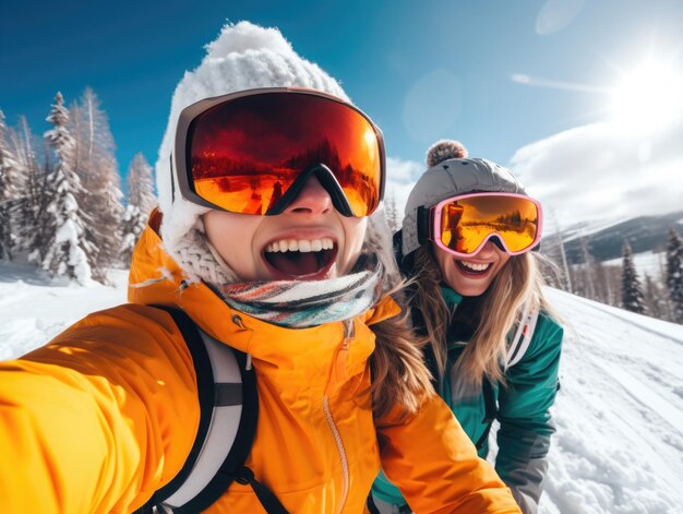 Foto snowboarders lachende jonge gelukkige vrouw en man dragen een bril, masker, hoed, ski