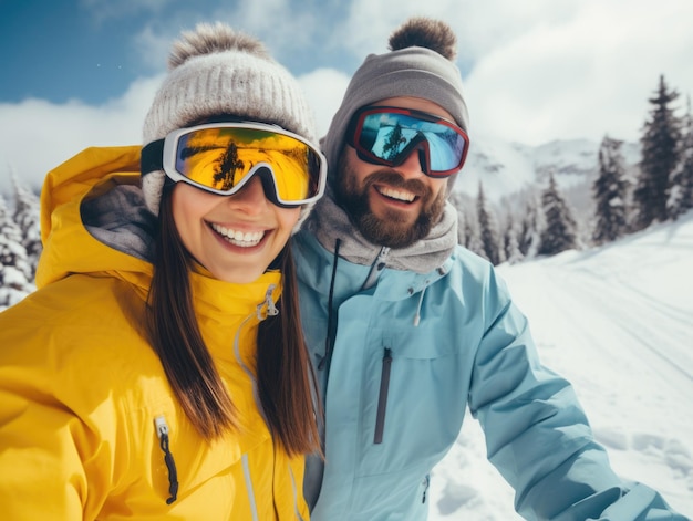 Snowboarders smiling young happy woman and man wear goggles mask hat ski